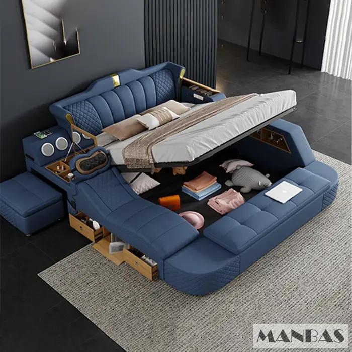 MINGDIBAO-Lit intelligent pour 2 personnes avec cadre King Size, lit Queen, cuir véritable, massage,