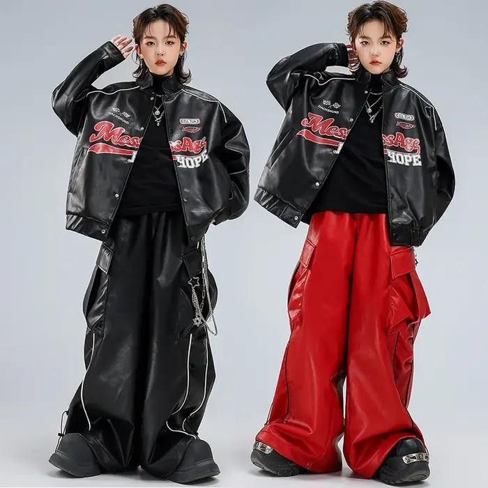 Enfants garçons filles Streetwear hanche hanche en cuir veste de Baseball Cargo pantalon ensembles e
