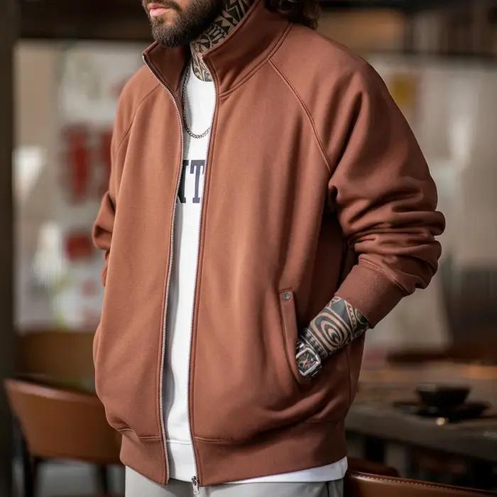 Maden-Cardigan Polar Smile avec col montant pour homme, sweat-shirt de sport, veste à glissière, man