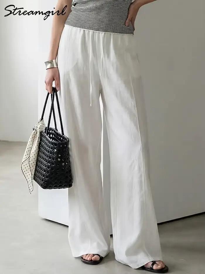 Pantalon d'été en coton pour femmes, coupe large, bleu, avec bande élastique, jambe droite, blanc, a
