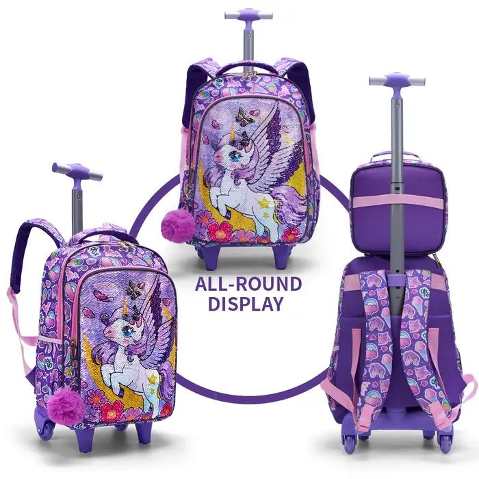 Ensemble de 3 sacs à dos roulants pour filles, sacs à roulettes avec motif de lune et de licorne de