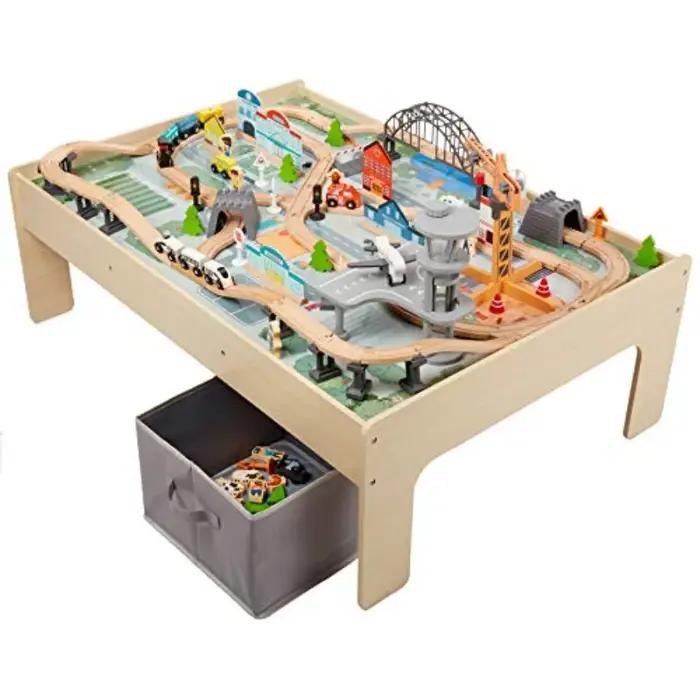Amazon Basics Ensemble de train en bois de 120 pièces avec table d'activité Pistes robustes Poubelle