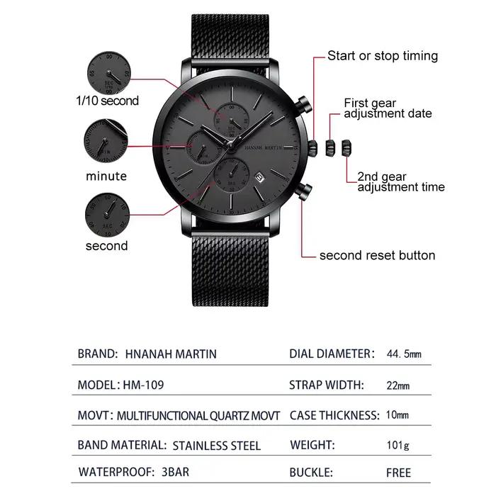 HANNAH MARTIN marque haut hommes montre noir en acier inoxydable mode étanche sport multifonctionnel