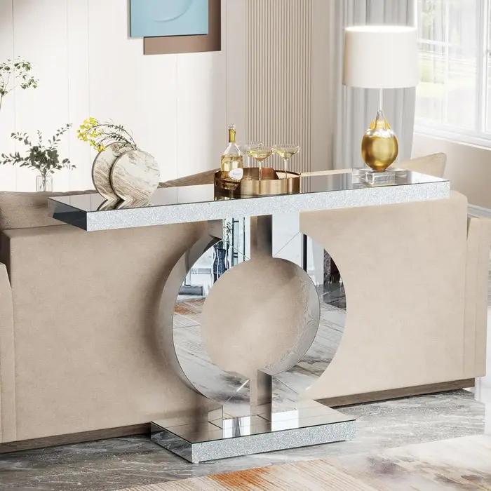 Table console en miroir avec base en forme de O, table d'entrée, table de canapé en verre avec finit