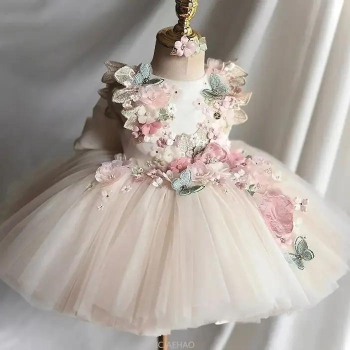 Robe de mariée d'été pour filles, tenue de princesse florale pour premier anniversaire, tenue de con