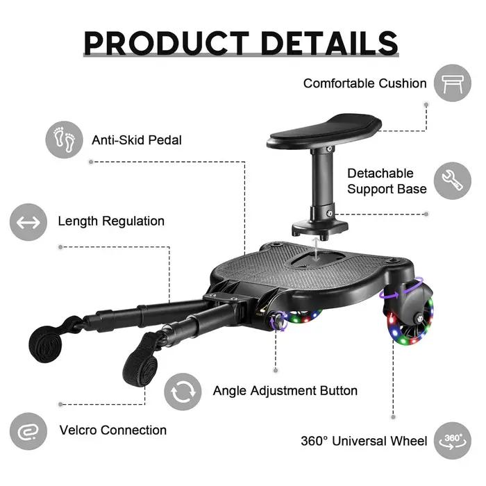 Planche à roulettes universelle pour poussette avec roues lumineuses clignotantes, accessoire 2-en-1