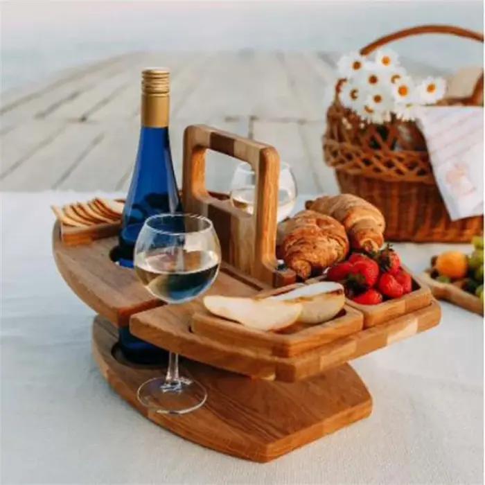 Table de pique-nique pliante en bois avec porte-verre, bureau rond pliable, porte-verre à vin, table