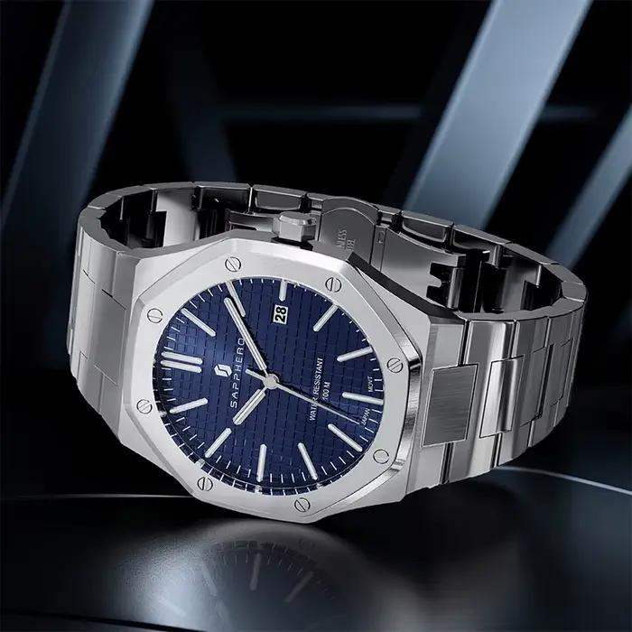 SAPPHERO montre pour hommes, bracelet en acier inoxydable, conception résistante à l'eau, calendrier