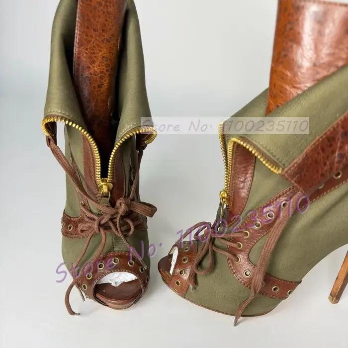 Sandales vert armée en jean patchwork pour femme, sexy, à bout ouvert, avec fermeture éclair décorat