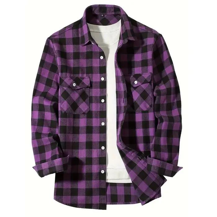 Chemise à carreaux décontractée à simple boutonnage pour hommes, chemise à manches longues, double p