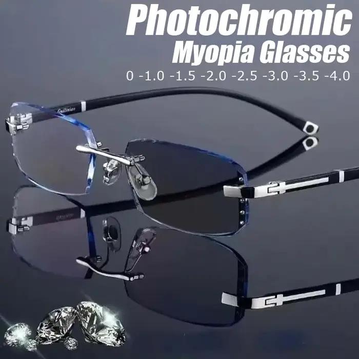 Lunettes de myopie photochromiques d'affaires pour hommes, coupe diamant, sans bords, UV400, lunette