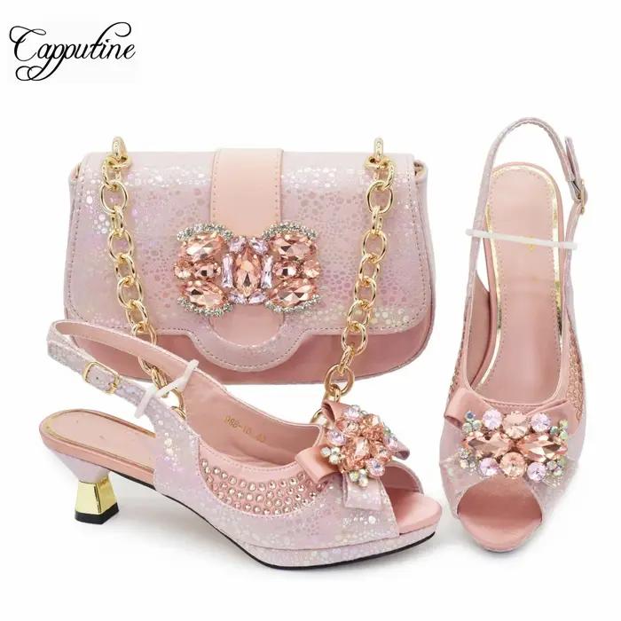 Ensemble de chaussures et sac pour femmes Peach, sandales à talons hauts pour femmes africaines, ass