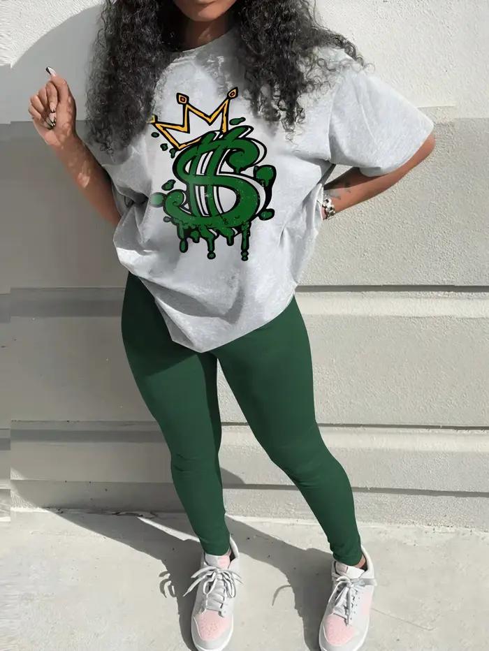 Ensemble 2 pièces imprimé lettre couronne pour femme, t-shirt graphique à col rond, manches courtes,