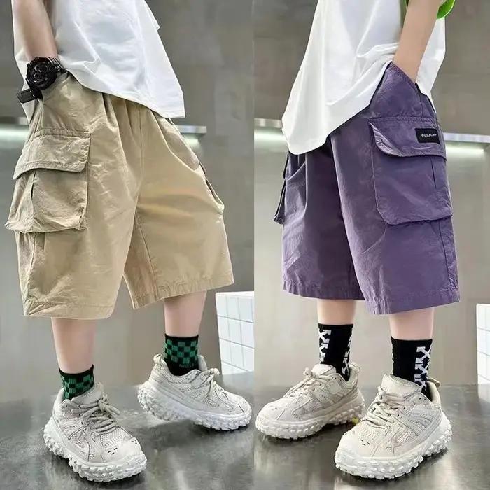 Shorts d'été pour garçons de 3 à 14 ans, nouvelle mode, en coton, avec grandes poches, demi-pantalon