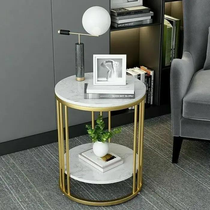 Table d'appoint ronde en marbre blanc à 2 niveaux, table basse, table de chevet, rangement de bijoux