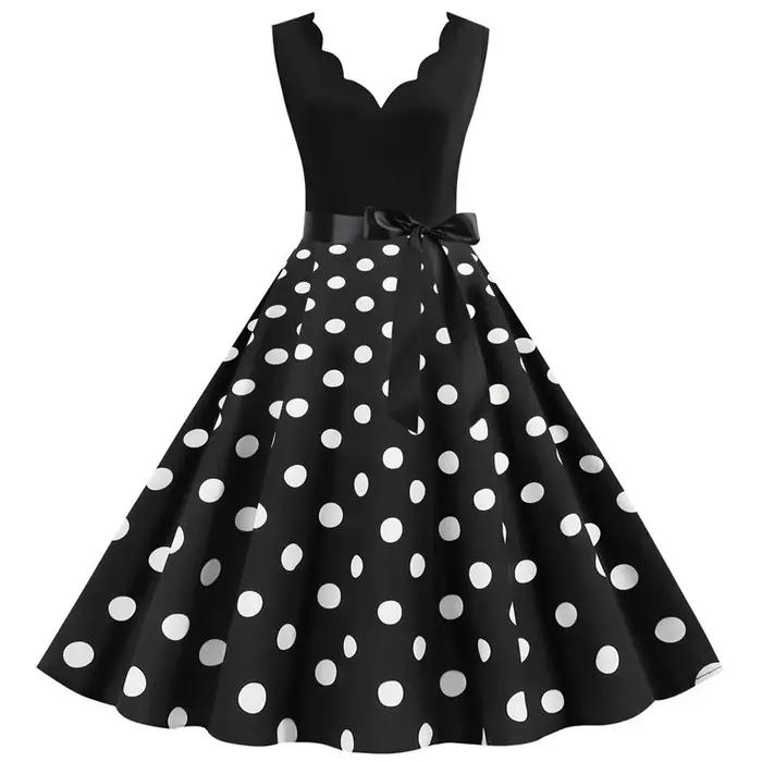 Femmes rétro robes d'été 50s 60s sans manches col en v à pois nœud boule cultivé fête Robe d'été Rob