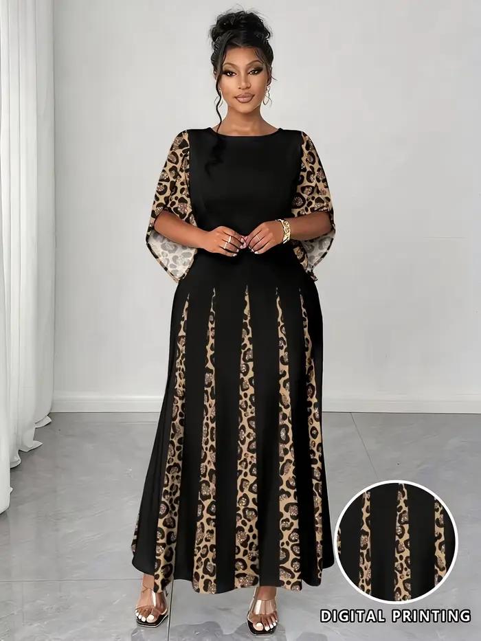 Robe maxi élégante à imprimé léopard, robe longue à manches longues tendance grande taille, vêtement