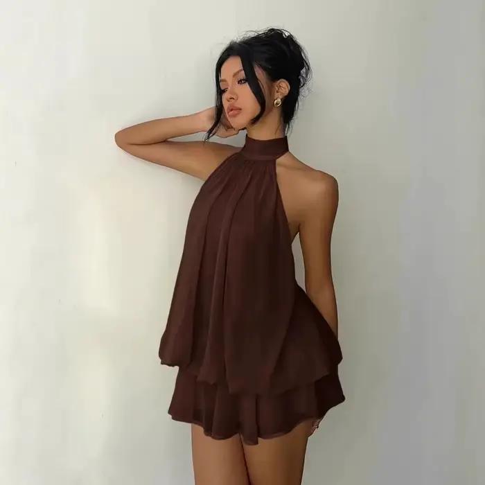 Robe licou pour femme, dos nu, en mousseline transparente, mini-jupe à nouer devant, robe de soirée