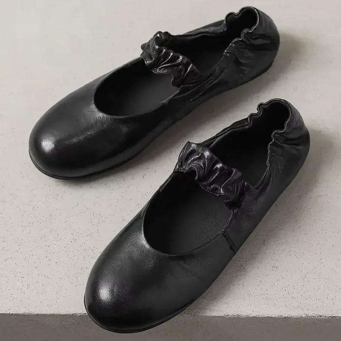 Ballerines à enfiler à bande étroite élastique en peau de mouton pour femmes, bout rond, ballerines