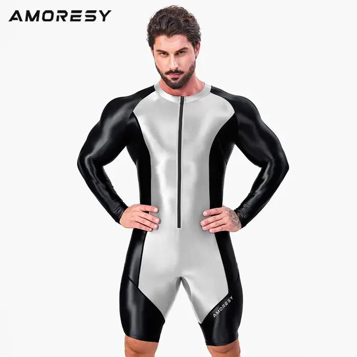AMORESY hommes brillant avant fermeture éclair une pièce à manches longues collants Spandex maillot