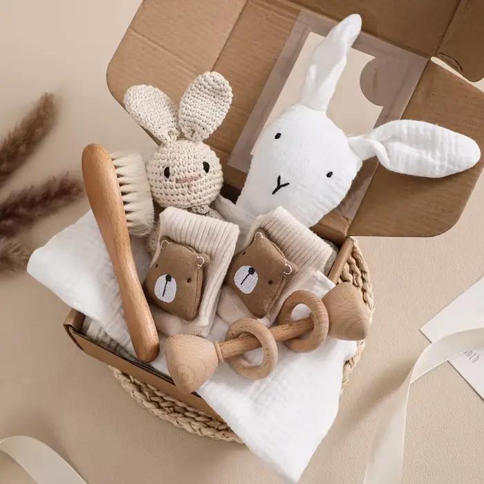 Coffret cadeau naissance 7 pièces : couverture bébé coton double face, accessoires de bain nouveau-né