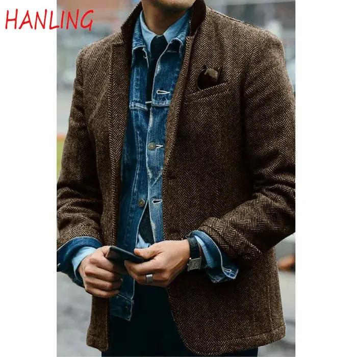 Veste d'hiver à chevrons pour homme, Blazer formel coupe cintrée, manteau chaud, polaire