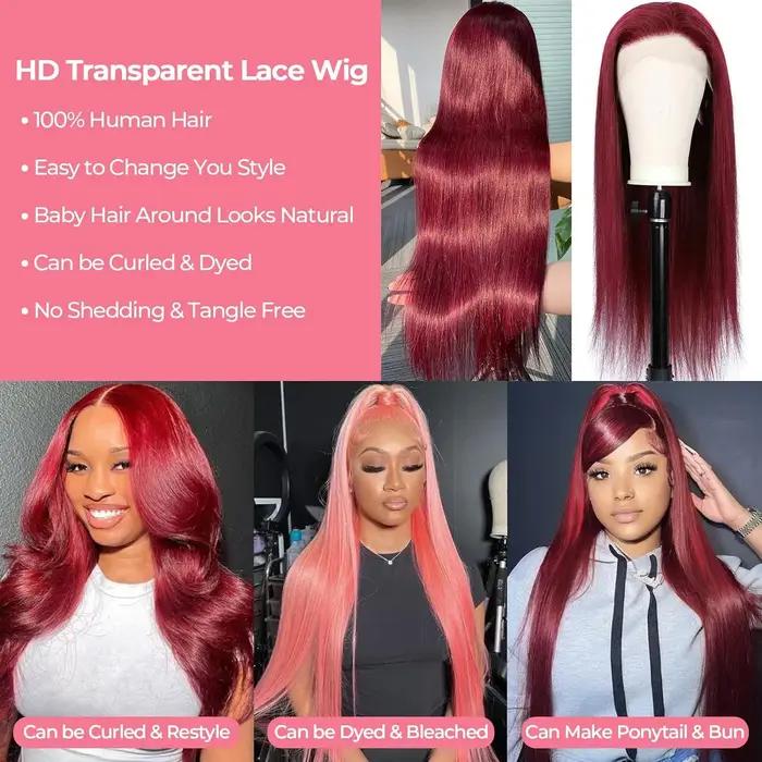 Perruque Lace Front Wig sans colle naturelle, cheveux lisses, bordeaux, HD, 5x5, 13x4, 13x6, pre-plu