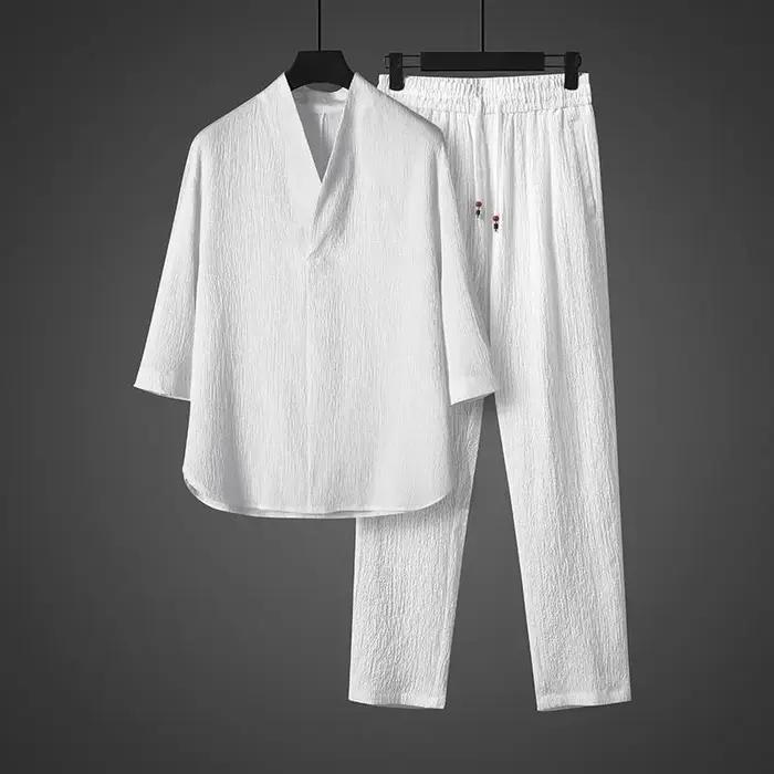 Ensemble Homme Printemps-Été Léger Deux Pièces en Soie Glacée : Haut Boutonné à Col en V et Manches