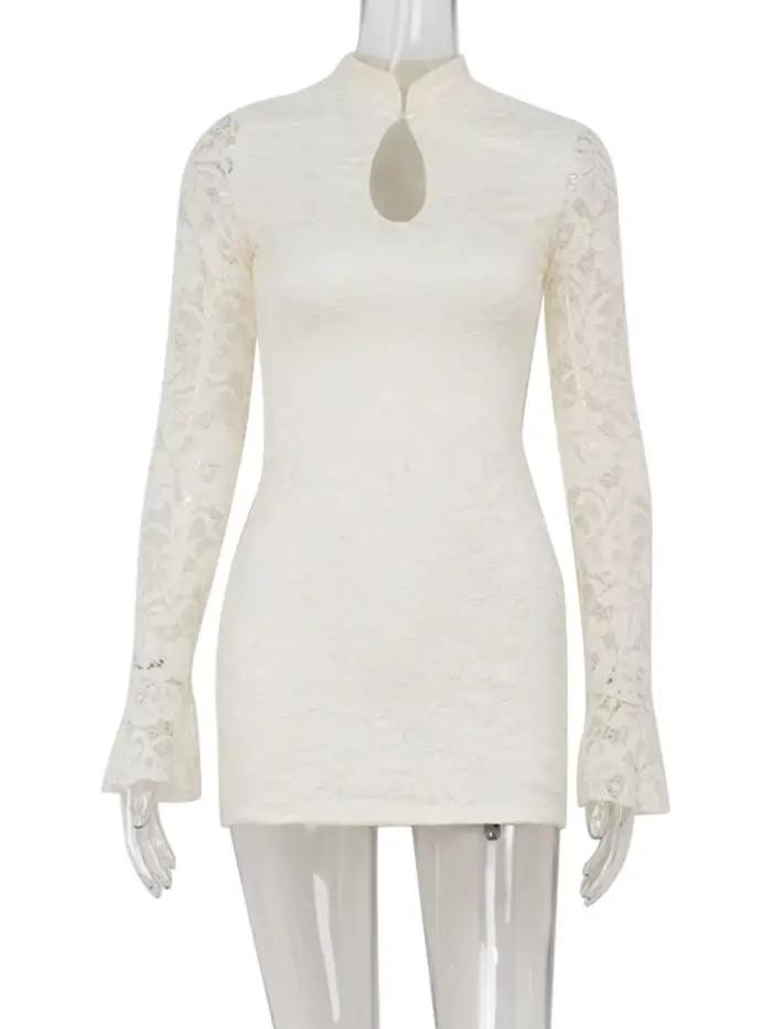 Ahagaga Sexy dentelle femmes Mini robes solide pure évider col roulé manches longues évasées gaine m
