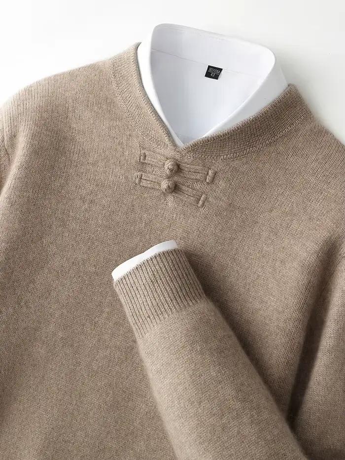 Nouveaux hommes 100% laine mérinos pull manches longues col montant pull cachemire doux disque boucl