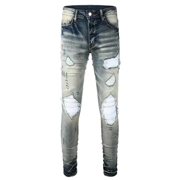 Jean de motard bleu clair pâle pour hommes, Patch plissé craquelé, pantalon en Denim extensible, Str