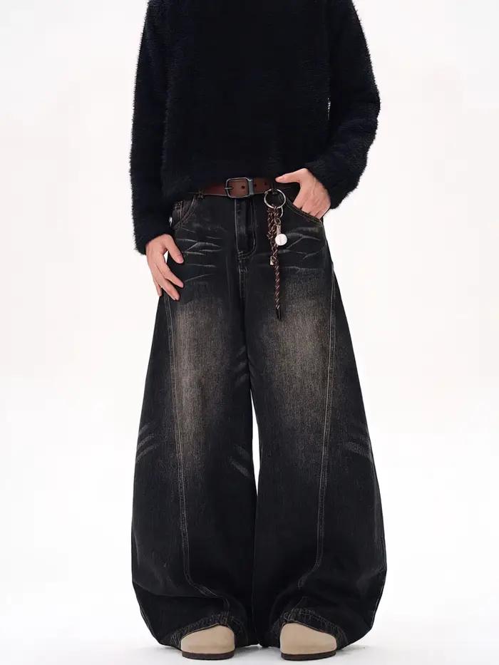 Vintage noir lavé Baggy jean pantalon hommes jambe large lame incurvée pantalon Streetwear Cowboy dé