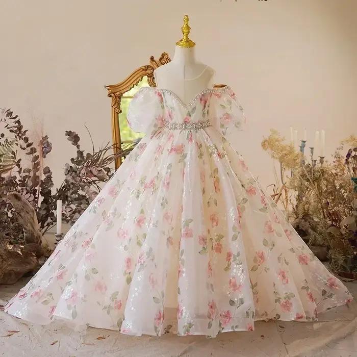 Robes pour enfants pour mariage, robe longue florale pour demoiselle d'honneur, robe de soirée vinta
