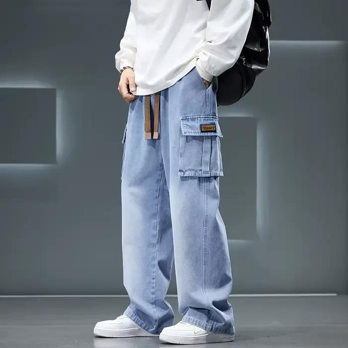 Automne nouveau jambe large lavage Jean pantalon hommes pantalon neutre couleur unie ample décontrac