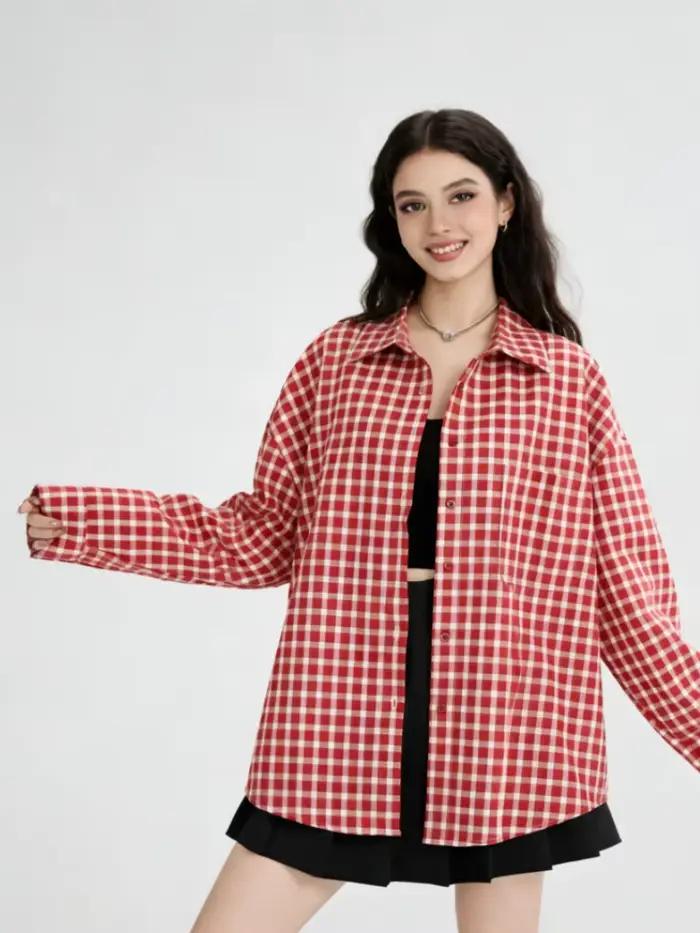2025 Y2k automne femmes nouveau Vintage rouge Plaid col rabattu sur-chemise à manches longues Street