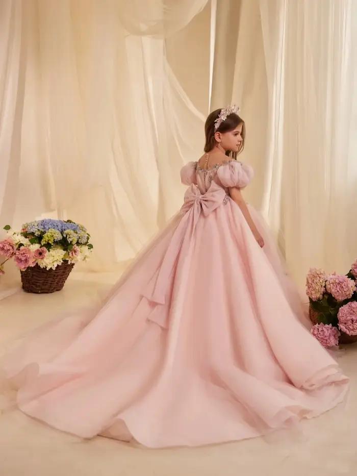 Robe de princesse en dentelle perlée brodée rose pour filles, tenue de fête d'anniversaire avec nœud