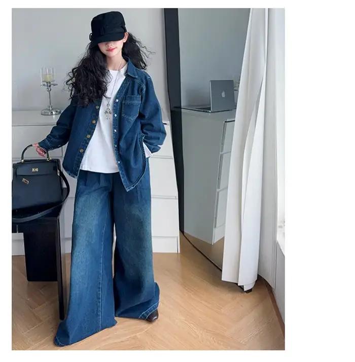 Costume de vêtements en denim pour adolescentes, design français, chemise en jean irrégulière + jean