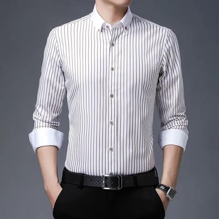 Chemise à manches longues en pur coton pour homme, coupe couvertes, haut de gamme, luxe léger, rayé