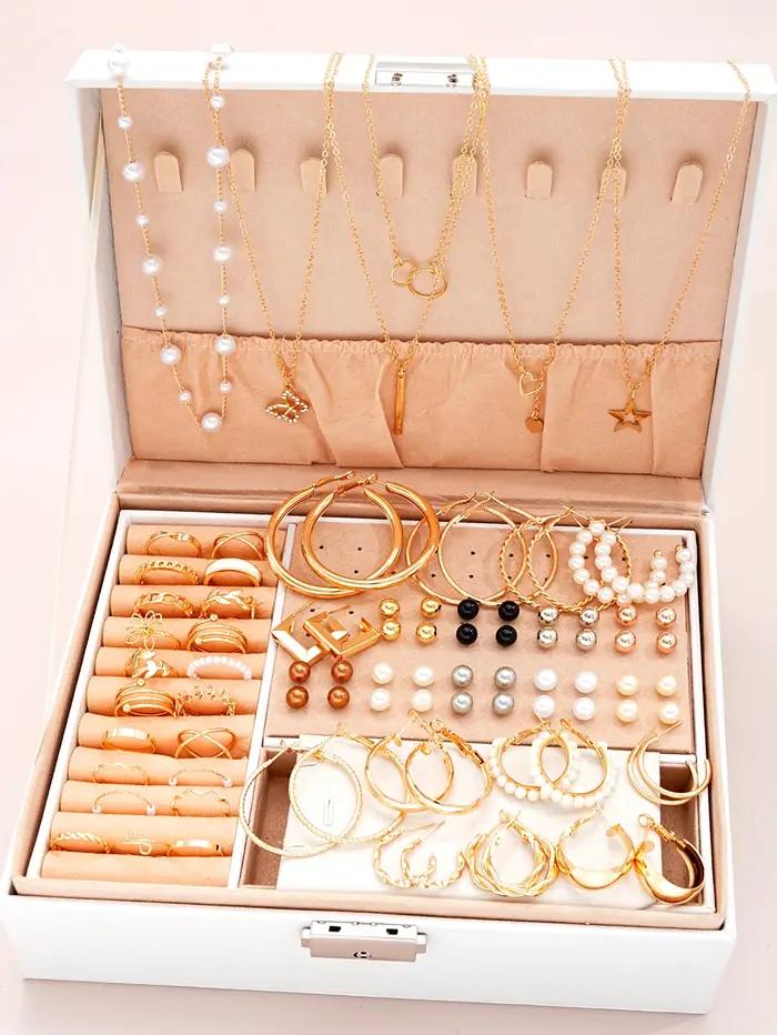 86 pièces/ensemble boucles d'oreilles en perles élégantes, collier multicouche, clous d'oreilles, ba