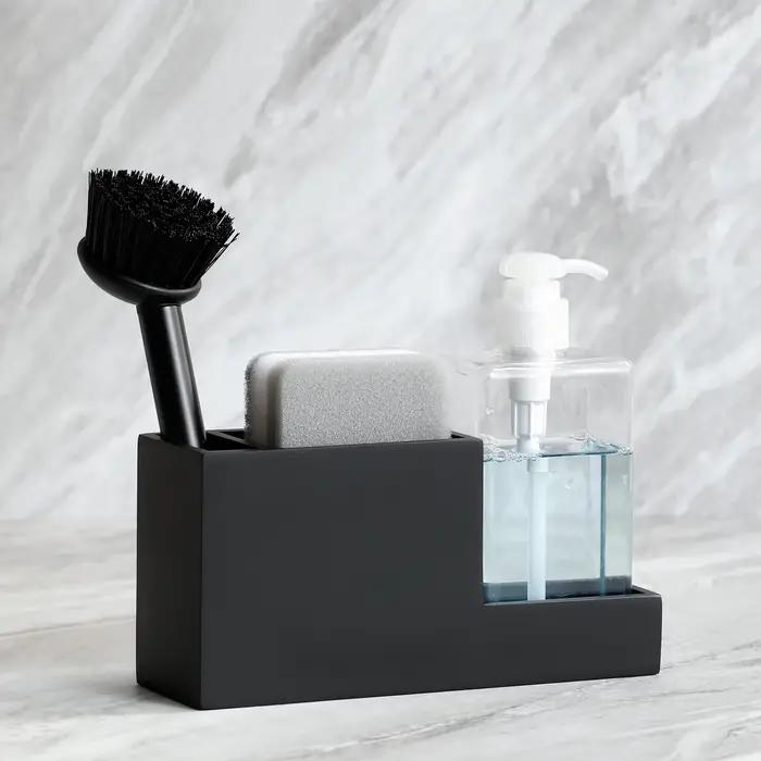Porte-éponge et rangement d'accessoires de cuisine organisateur d'éponge avec porte-brosse et distributeur de savon pour une évier propre et ordonné