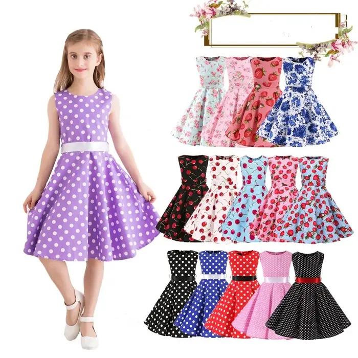 Robe en coton à pois vintage pour filles - Robe trapèze jupe plissée longueur genou style rétro