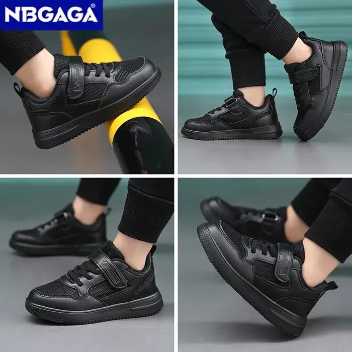 Chaussures de marche plates en cuir noir pour enfants, chaussures décontractées pour garçons et fill