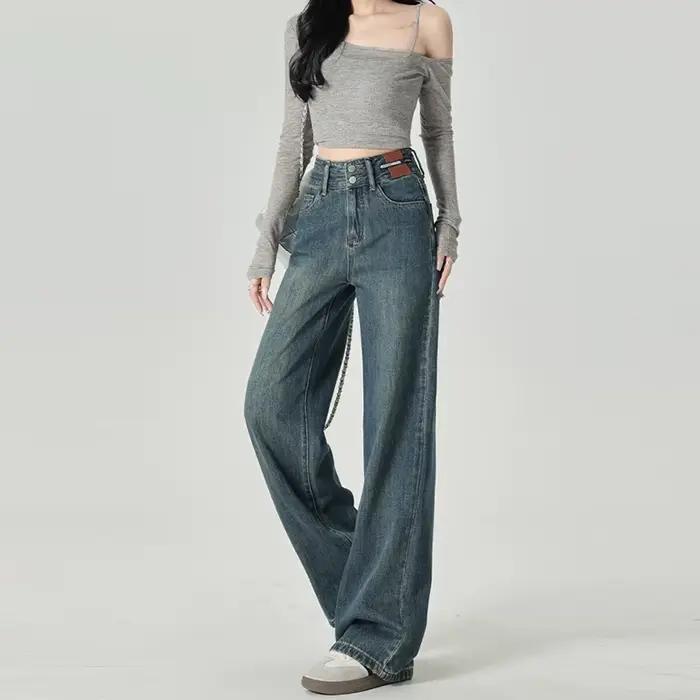 Jean à jambes larges pour femmes, coupe étroite, avec taille haute et sensation de suspension, jambe