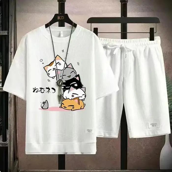 Ensemble gaufré d'été pour hommes, marque à la mode, t-shirt et short décontractés, ensemble de spor