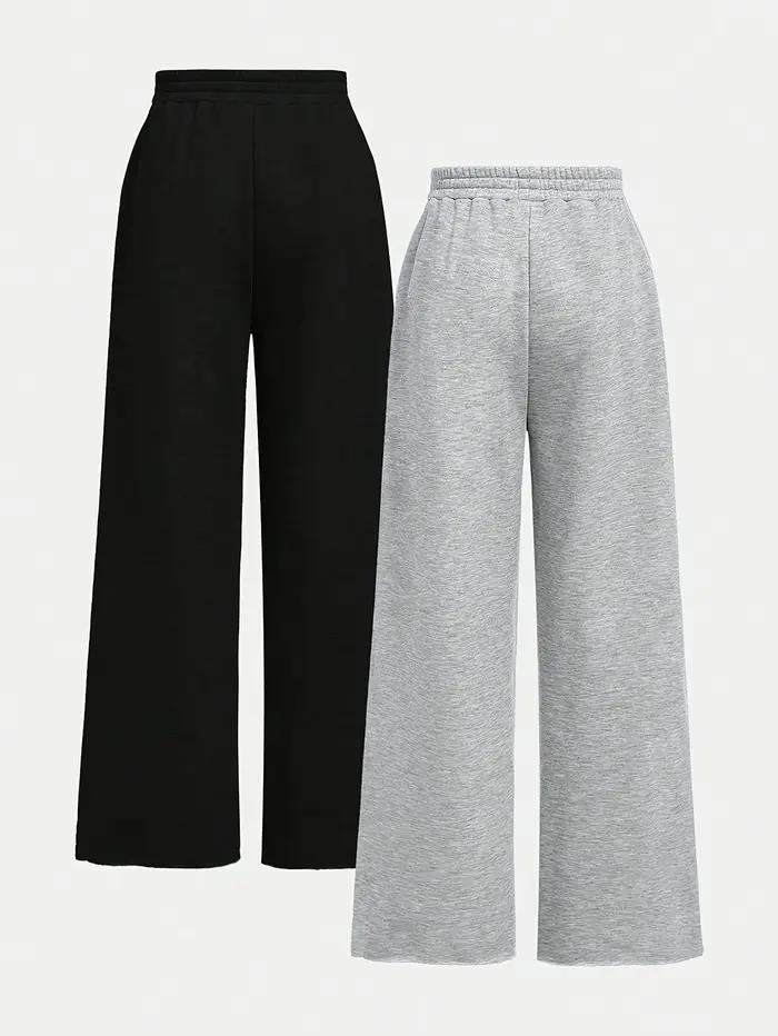 【Ensemble de 2 pièces】 Pantalon ample décontracté à jambes larges en tissu tricoté noir et gris pour
