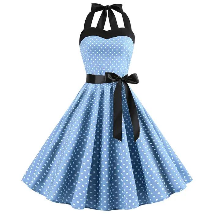 Robe Sexy rétro blanche à pois, Hepburn, Vintage, col licou, Robe de soirée, années 50 et 60, Pin Up