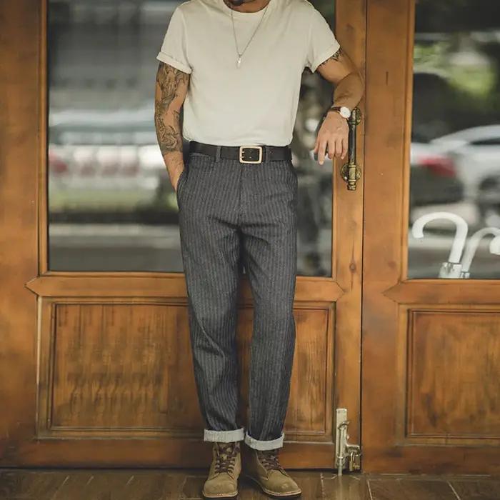 Maden Retro 12,8 oz jean rayé gris coupe droite zippé avec poches pantalon polyvalent à chevrons pou