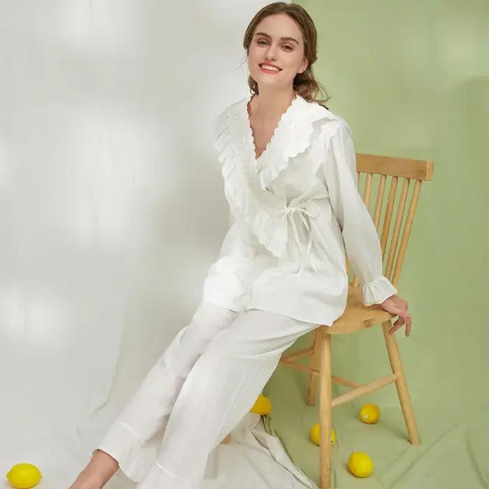 Ensembles de pyjamas en coton à col en V pour femmes, cardigan à manches longues, vêtements de nuit