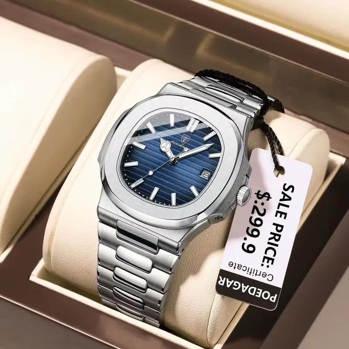 POEDAGAR carré luxe hommes montre-bracelet étanche lumineux Date en acier inoxydable mâle horloge af