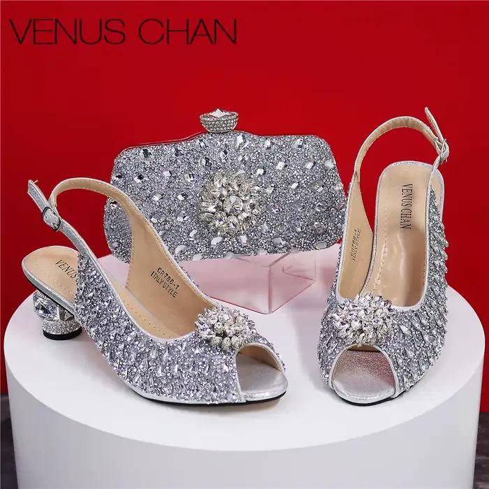 Sandales de mariage argentées pour femmes, plate-forme de mariée, talons ronds, conception de perceu